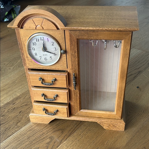 Other - Wood Finish Jewelry Cabinet with Clock in Light Brown